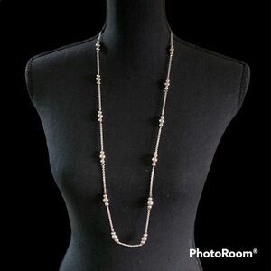 Silver Tone Chain & Bead Necklace + Dangle Earrings Set Shiny Patina Adjustable